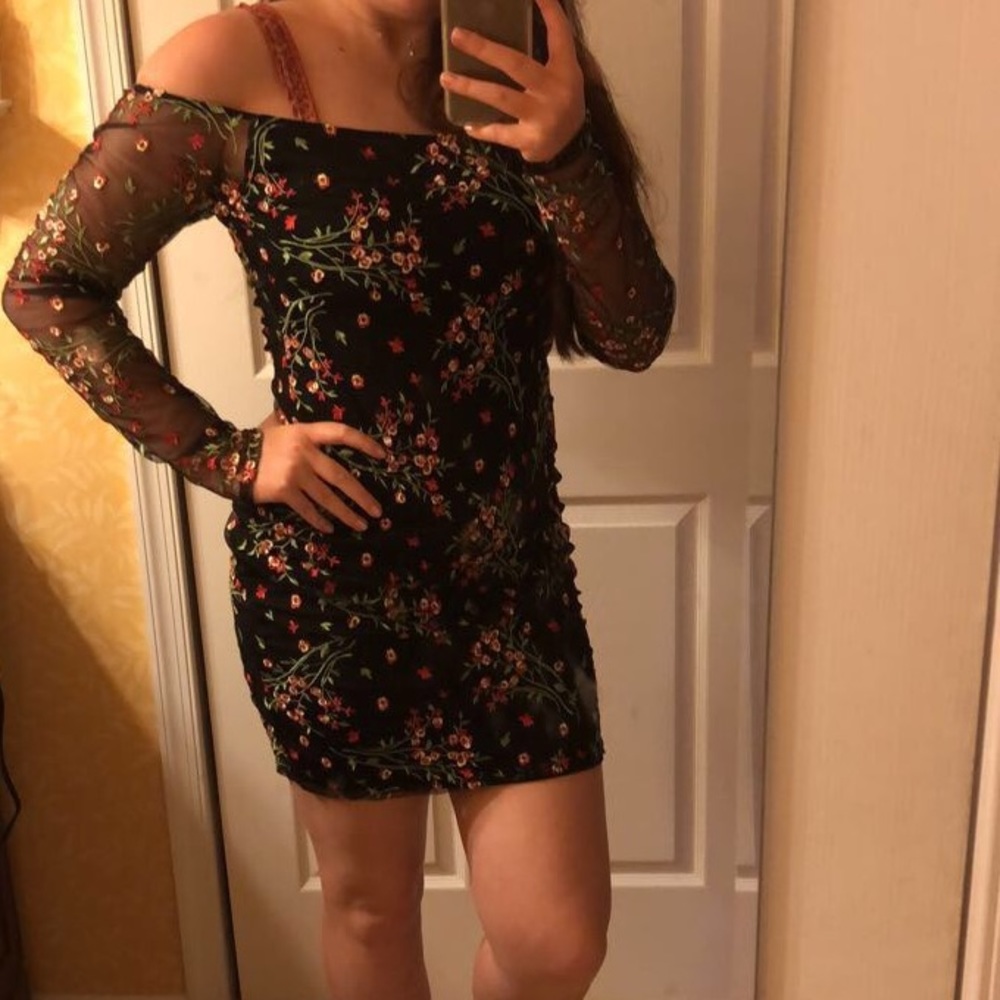 Off the shoulder embroidered long sleeve dress